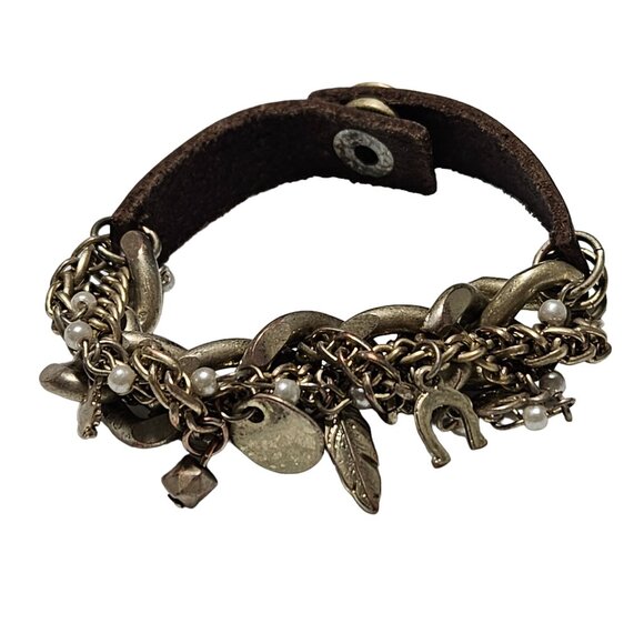 Vintage Leather Brass Chain Link Charm Bracelet Faux Pearls Fashion Jewelry - Picture 1 of 8